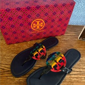 Tory Burch Black Sandals with Multicolor Logo